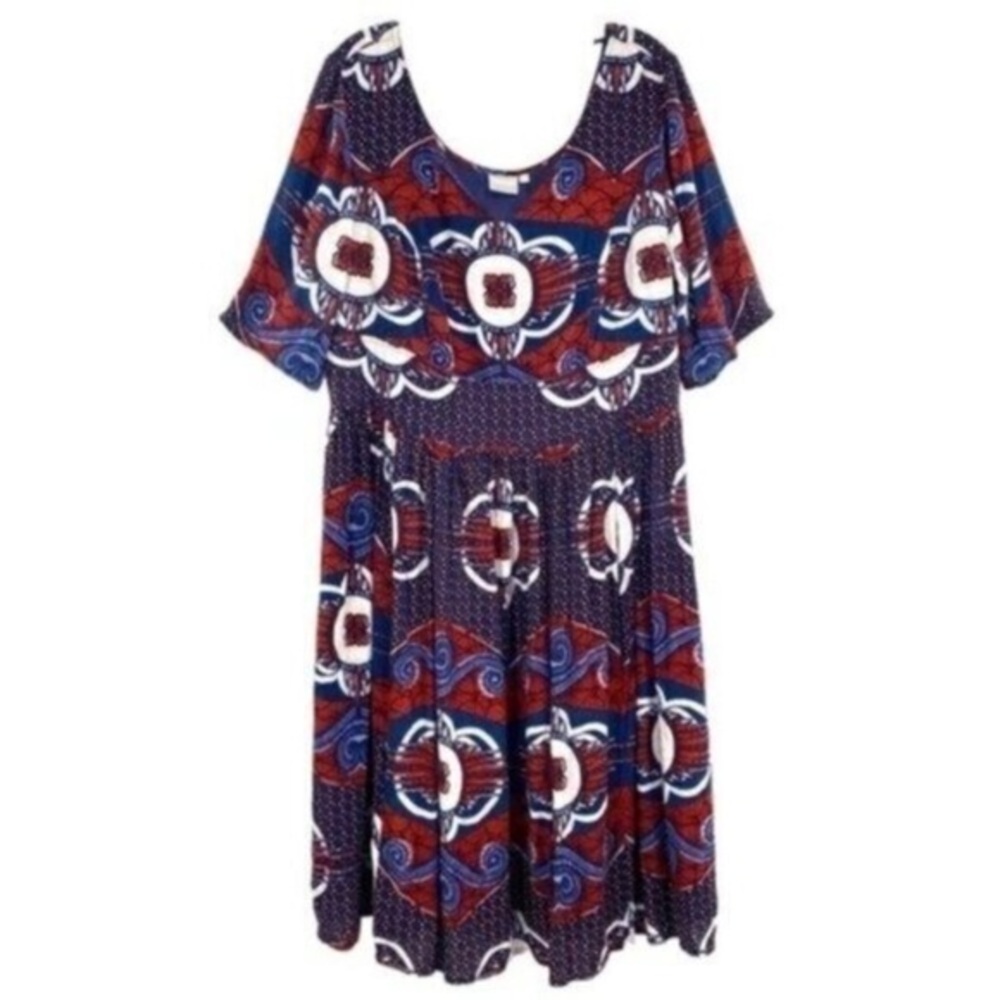 eShakti Red and Blue Cotton Boho Print Dress Tribal Western